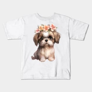 Watercolor Shih Tzu Dog with Head Wreath Kids T-Shirt